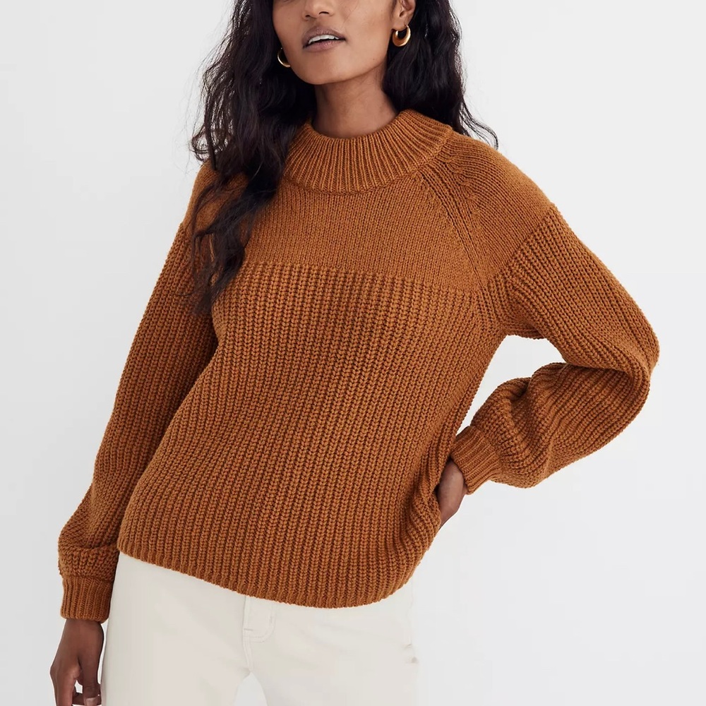 Balloon-Sleeve Mockneck Pullover Sweater